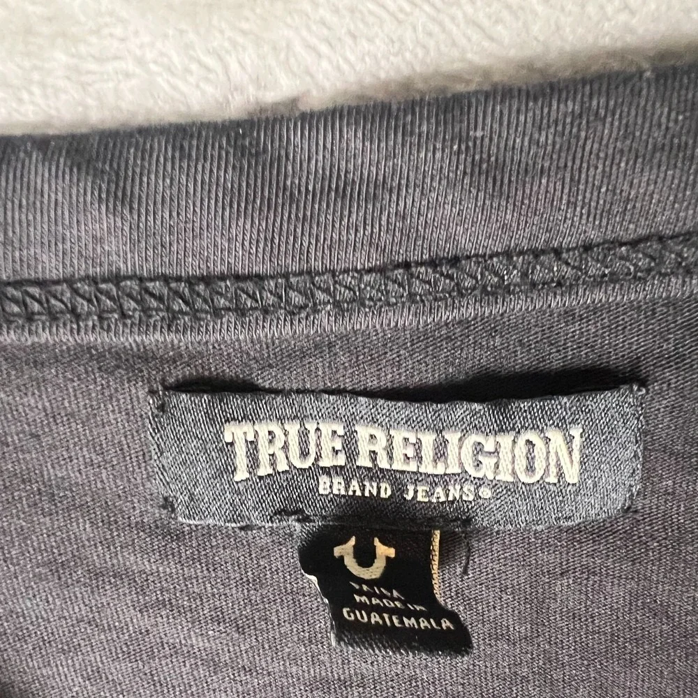 True Religion Shirt Mens Black Burnout Classic Logo Short Sleeve Henley Neck Med